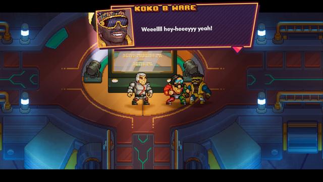 The screenshot is from a video game named WrestleQuest. At the center, theres an avatar with a confident expression and dark hair. To the left of this avatar stands another character in a red and white costume, while to the right, theres a robotic figure. Below these characters, theres a green and orange background resembling a wrestling ring. The upper part of the screen shows a purple banner with text that reads KOKES MANE, followed by a speech bubble with an emoji expressing enthusiasm. In the bottom left corner, there is a user interface with three icons and text stating YOU WANT HIM? YOU GOT HIM!. The perspective of this scene is first-person, as indicated by the in-game characters viewpoint.
