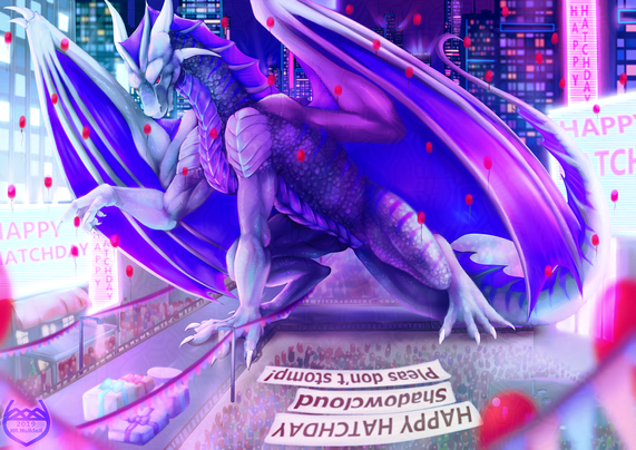 A huge black and violet dragon, with a mischievous smirk, in a festively decorated large city with crowds of people lined up to get close to him, because it is the dragon's hatchday and the town decided to celebrate it. 
The crowd holds up a banner saying "HAPPY HATCHDAY Shadowcloud. Please don't stomp!"
Red balloons are rising everywhere in the image.