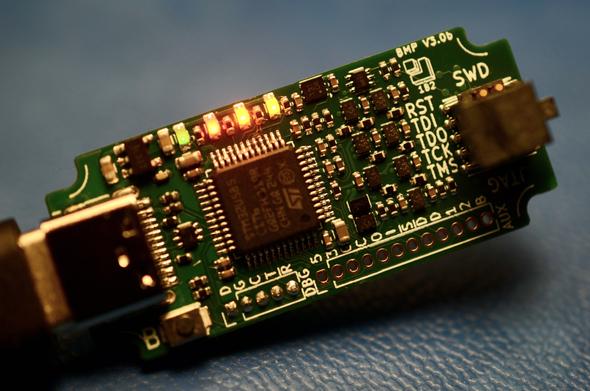 Black Magic Probe V3.0b. This revision gets rid of the 0201 parts and connects the UCPD peripheral to the USB-C CC lines. It also fixes a TX/RX swap on the BMP-UNIFIED connector.