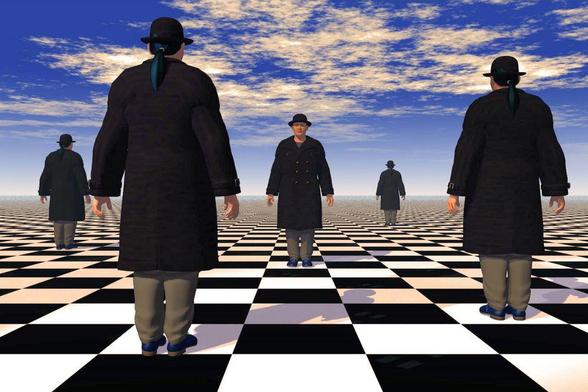 Männer mit schwarzen Mänteln und Melonen stehen auf einem Schachbrett-Boden mit dem Rücken zum Betrachter, nur der in der Mitte steht andersherum. Im Hintergrund leicht bewölkter blauer Himmel.

Men with black coats and bowler hats stand on a chessboard floor with their backs to the viewer, only the one in the centre stands the other way round. A slightly cloudy blue sky in the background.