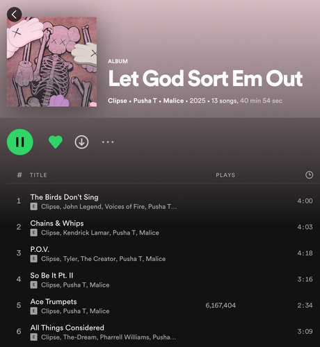 Spotify screenshot of the new Clipse album entitled Let God Sort Em Out - Real Hip Hop