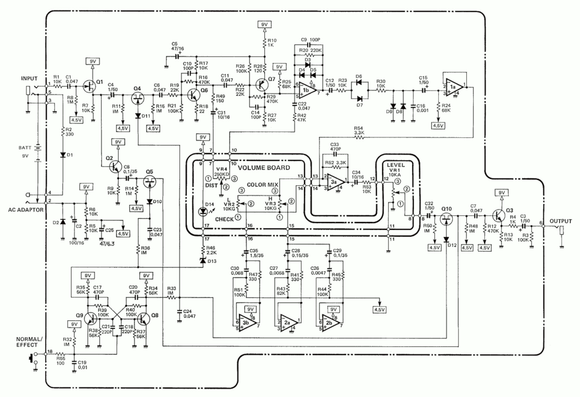 A circuit schematic diagram for the Boss HM-2 "Heavy Metal" guitar effects pedal.  It is fairly complicated as far as distortion pedals go, containing 6 operational amplifiers (opamps), 10 transistors of various types, and 4 potentiometers.

I don't know what goes into "good" alt text for a schematic.  Shown here, the input signal enters at top-left and exits at the lower right side of the diagram, as is customary.  In addition to the actual signal-processing path, it also includes a power supply section supporting 9V battery or AC adapter and which generates a 4.5V bias voltage in addition to buffering the power supply.  There is also the traditional Boss "soft switching" which routes the signal either through the effect, or via a bypass to the output.