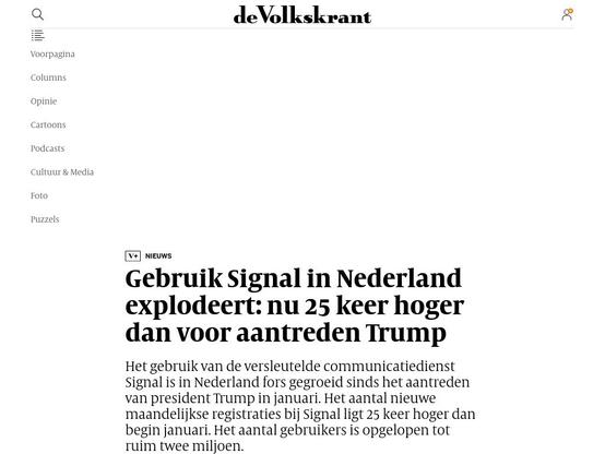 An article header from the Dutch newspaper "de Volkskrant" discussing the surge in usage of the messaging service Signal in the Netherlands, indicating that sign-ups have increased 25 times higher than before Trump's presidency.