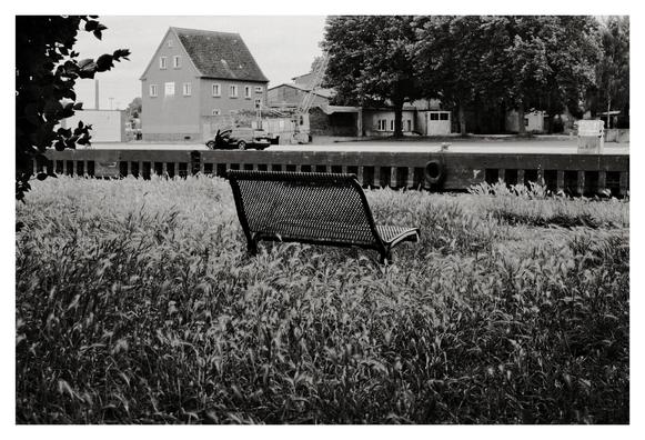 Schwarz-weiß-Foto einer einzelnen Metallbank auf einer überwucherten Wiese, ausgerichtet auf einen Kai mit Spundwand. Dahinter stehen ein Wohnhaus, einige Bäume und alte Gebäude. Ein Autowrack und ein Reifen am Kai deuten auf industrielle Vergangenheit hin. Die Szene wirkt ruhig, verlassen und leicht melancholisch.