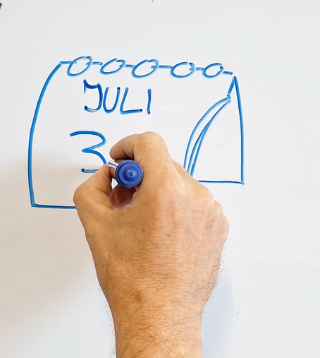 Auf dem Foto sieht man in Nahaufnahme, wie jemand mit einem dicken Filzstift einen Kalender an ein Whiteboard zeichnet. Die Person ist gerade dabei "Juli 31" auf den Kalender zu schreiben.
