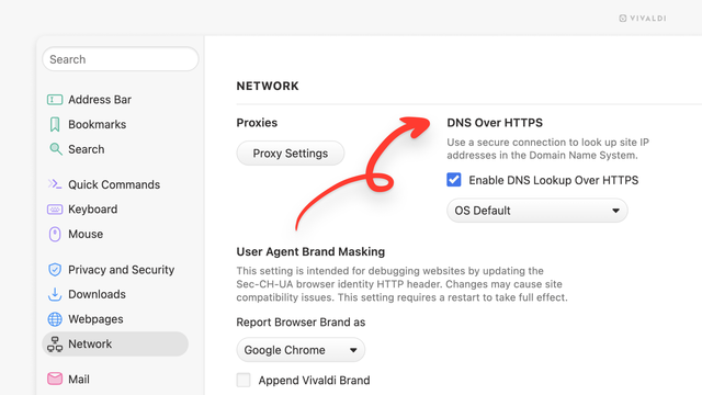 Vivaldi browser's Network settings page. an arrow points at the "DNS over HTTPS" setting.