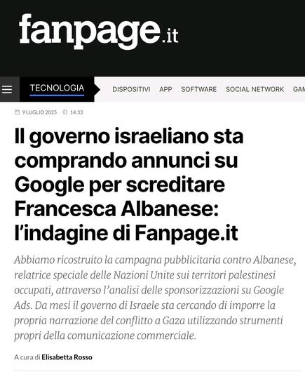 Articolo fanpage.it: Israele compra annunci online per screditare Francesca Albanese.