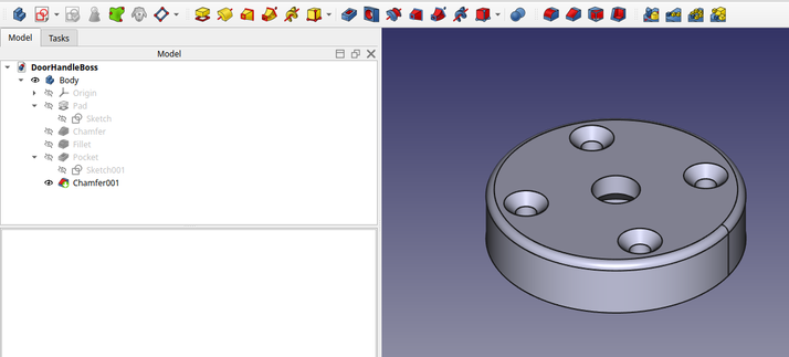 A screengrab of FreeCAD showing the finished replacement model on the right-hand side, and the tree of operations padding the initial sketched profile, chamfering the countersunk holes for the screws, and pocketing and chamfering the underside for the bolt that holds the chrome handle to the disc.