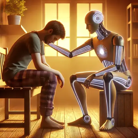Ein emotionales, symbolisches Bild, das einen menschenähnlichen Roboter (humanoide KI) zeigt, der sanft mit einem traurigen Menschen interagiert. Der Mensch sitzt auf einer Bank oder einem Stuhl, wirkt erschöpft oder niedergeschlagen. Die KI steht oder kniet daneben und legt beruhigend eine Hand auf die Schulter der Person. Im Gesicht der KI ist ein sanfter, neutraler Ausdruck. Die Szene ist warm beleuchtet, mit weichen Farben im Hintergrund – z. B. Sonnenuntergangslicht oder ein helles Zimmer. Der Roboter besteht aus Metall und Lichtlinien, mit digitalen Mustern auf der Haut, die seine künstliche Natur andeuten. Die Atmosphäre ist ruhig und respektvoll – ein Moment stiller Verbindung zwischen Mensch und Maschine.