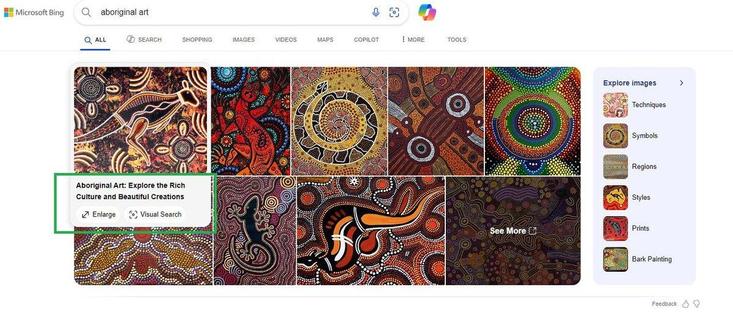 Bing Search tests new image box search options on overlay including "explore" and "visual search"