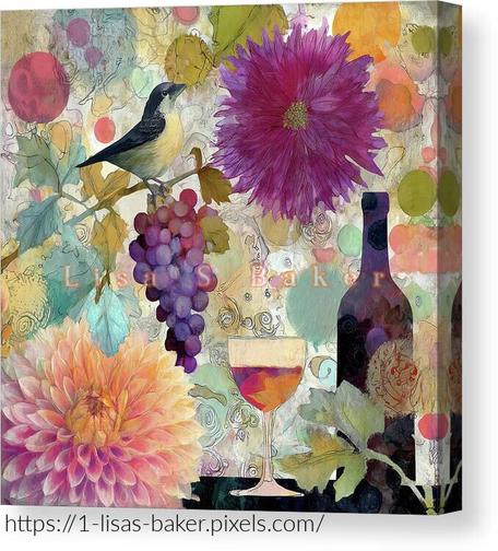 The Bird And The Bottle / Bird Wine Art by Lisa S Baker. A vibrant still life scene showcases a bird perched on a grapevine, surrounded by colorful flowers, a wine bottle, and a filled wine glass. The background features an array of abstract, swirling patterns and circular motifs.
