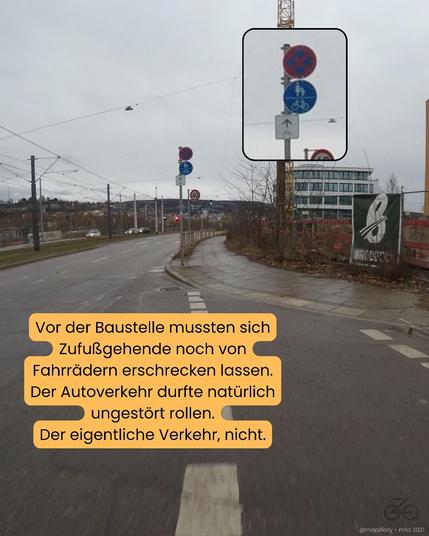 Vor der Baustelle mussten sich Zufußgehende noch von Fahrradfahrenden erschreclen lassen. Der Autoverkehr durfte natürlich ungestört rollen. Der eigentliche Verkehr nicht.