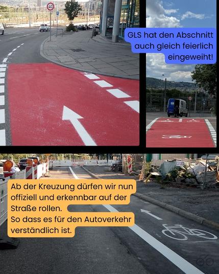 Ab der Kreuzung dürfen wir nun offiziell und erkennbar auf der Straße rollen. So dass es für den Autoverkehr verständlich ist.