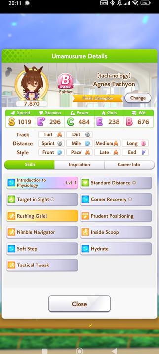 Statistiques à la fin de la dernière course pour Agnès Tachyon qui remporte le trophée.