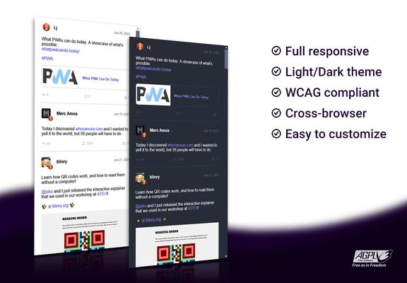 Screenshot of two Mastodon timelines, each one with a different theme color (light and dark). A list with the following features: Full responsive, Light/Dark theme, WCAG compliant, Cross-browser, Easy to customiza