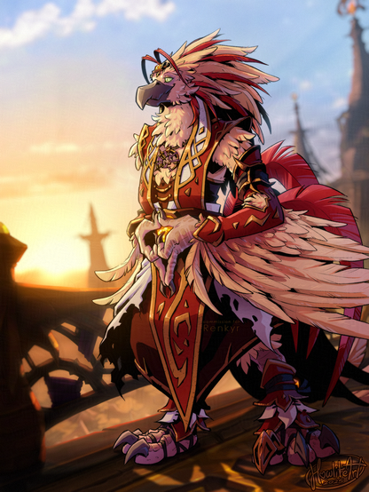 Digital art of an arakkoa (anthro avian) with cream-colored feathers, accented with long, sharp red sickle feathers in his crest and tail. He is dressed in robes of red, white, and gold, watching the sun rise from a balcony with his hands clasped meditatively at his waist.