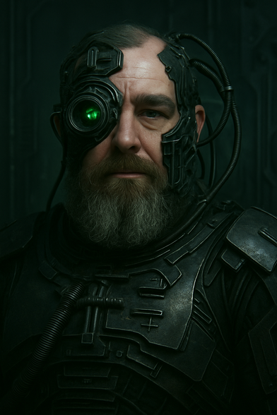 First AI generated image of myself as a borg, green eye piece over my right eye with other attachments on the left side of my head, black full borg outfit