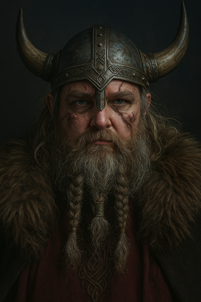 First AI generated image of myself as a viking with the horned helmet, full length beard with x3 beard knots (AI seems to love these)