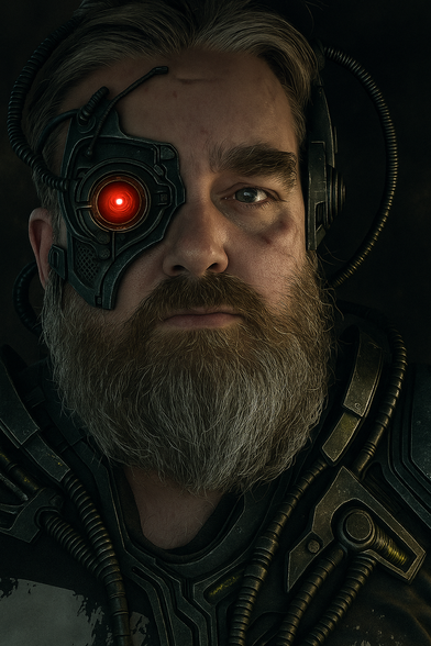 Second AI generated image of myself as a borg, red eye piece over my right eye with other attachments on the left side of my head, brown full borg outfit