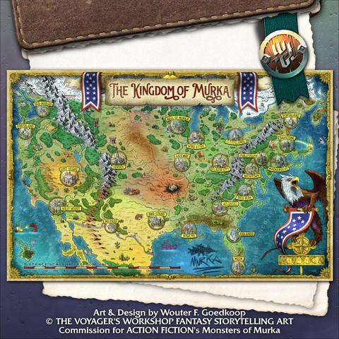 A full colour, two page spread map of the Kingdom of Murka, “a high-fantasy parody of America, with everything from Freedom Dragons and Gunchucks to Shopping Mauls and Furry Druids.”