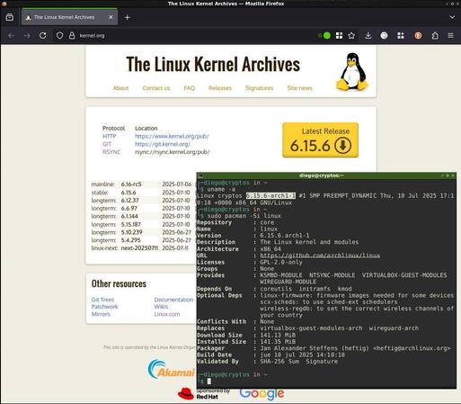 se ve una captura del navegador donde figura la versión estable del kernel Linux, y por delante una terminal de comandos donde se ve que ya está disponible en Arch Linux desde hace un día.