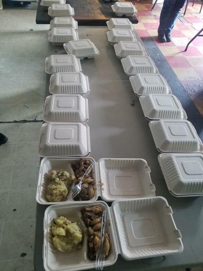 A row of many clamshell dishes laid out on two tables stuck end-to-end. The closest two are open to show the food inside.