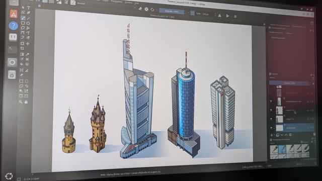 A photo of my screen, it displays my project about Frankfurt am Main, using the software Krita