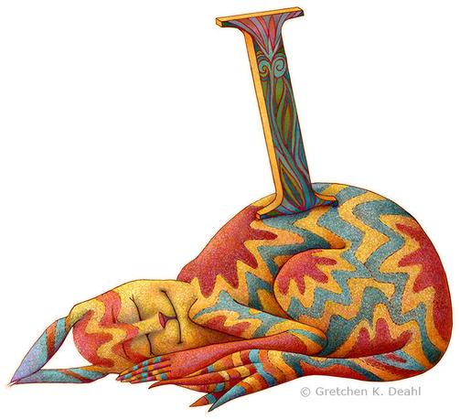 Graphite and colored pencil of a very sleepy, smiling monster. His soft yellow, blue and yellow furred body is comfortably curled up and upon his back is its favorite letter (I). NOTE: He can't sleep without his beloved letter.