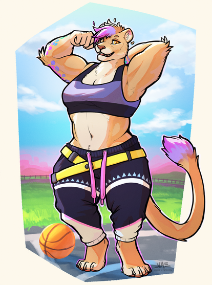 A big muscular lion woman standing outdoors flexing for the viewer. She's wearing a tanktop and a baggy pair of leggings.