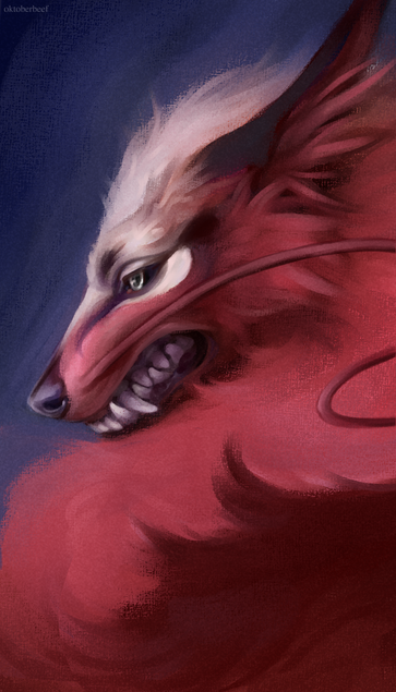 here is a portrait of a red wolf with a dragon mustache, with light and black stripes on his face. It's drawn in profile. He growls and glares angrily at someone. He has long black ears and a lot of fur (you can tell he has a mane).