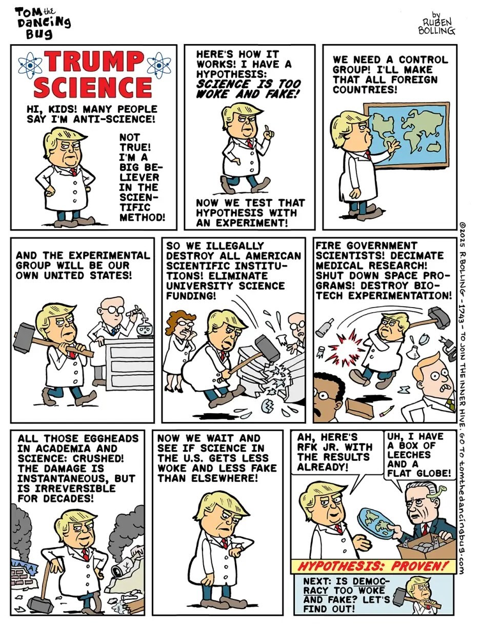 Cartoon of Trump destroying science as an "experiment"