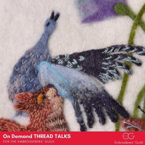 Felt and applique embroidery of a bird trying to escape a cat, with a red stripe across the bottom with white text on it. 
Text reads:

On Demand Thread Talks
For The Embroiderers Guild
