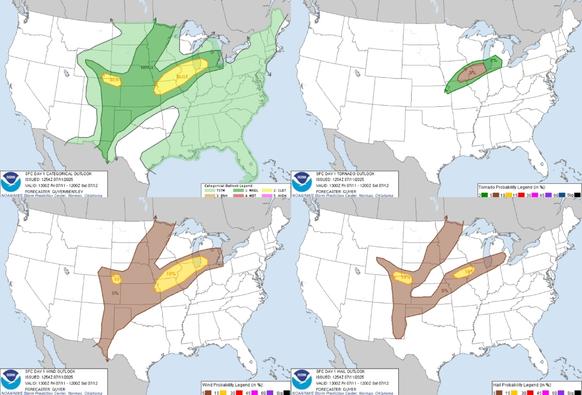 Severe thunderstorms are expected this afternoon and evening across the Midwest to southern portions of the Great Lakes region, accompanied by a risk for damaging wind gusts, hail, as well as some tornado potential. Severe thunderstorms are also expected across the central/southern High Plains and Upper Midwest.. #WeatherAwareDay #weather #wx #SPC #TheOutpost #SevereWeather 

Severe Thunderstorms and Excessive Rainfall in the Central U.S.; Heat Building in the Western U.S.
A cold front pressing east across the central U.S. will be the focus for areas of strong to severe thunderstorms and excessive rainfall through this weekend. Strong to severe thunderstorms my bring damaging winds, hail, and a few tornadoes while excessive rainfall may lead to areas of flooding. Heat will build across the western U.S. with heat-related watches, warnings, and advisories issued.