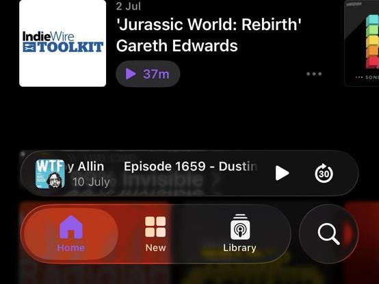 A screenshot of Apple’s Podcasts app in which the label and icon for the Home tab appear purple over a bright red background, rendering them very difficult to read.