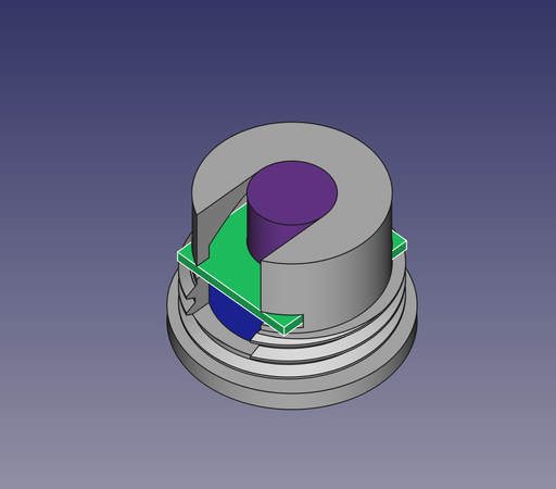 Placeholder elements are visible:
Purple represents the LEDs.
Green is the PCB. The corners will get filed off.
Blue and mostly covered is a small LiPo battery in the bottom.