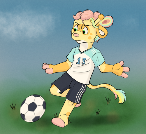 A giraffe teen with brightly colored hair tied into a bun and a look of intense concentration winds one leg back, about to give a soccer ball a good kick.