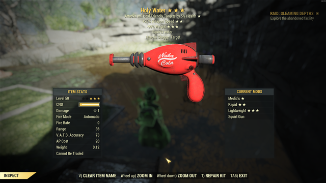it's a nuka cola branded alien blaster looking squirtgun called "Holy Water" with the modifiers to heal friendly targets by 5% health, +25% weapon fire rate, and -90% weapon rate.