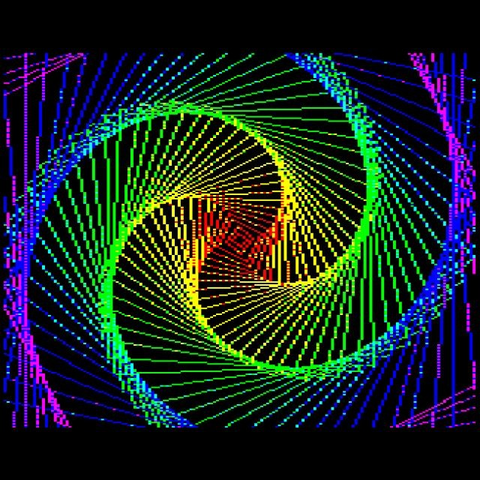 The screen is filled with the spiralling outlines of a slowly-shinking box, which starts out drawn large in shades of blue, then rotates slightly as it works its way into the greens, ever decreasing, and so on into yellows, oranges and reds as it dwindles hypnotically away into the centre.