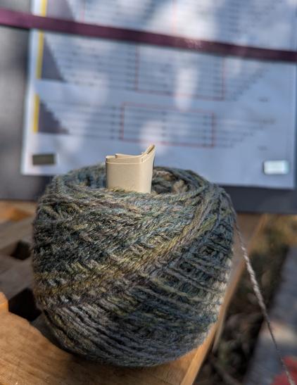 A wound skein of handspun yarn in greeny greys. Out of focus behind is a lace chart for a shawl.