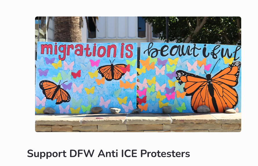 Screenshot of website with words, "Support DFW Anti-ICE Protesters" with image of mural saying, "Migration is Beautiful"