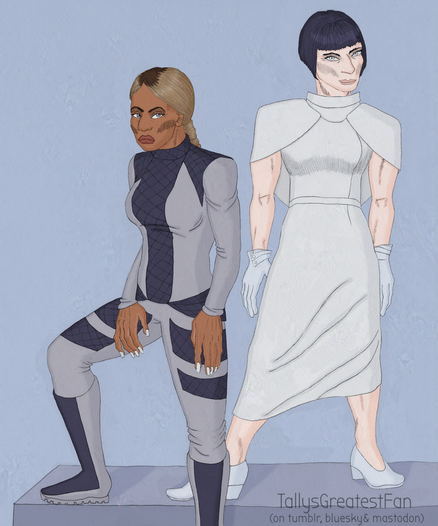 ID: Digitally colorized pencil drawing, showing two rather angular-faced middle aged women posing. First is black, wearing her hair in a straight, blonde braid, unnaturally grey, intense eyes, she is rather curvaceous and wears a grey and black futuristic uniform, her body half turned away from the viewer. Second is white, wearing a sharp-cut bob, also grey eyes, but aquiline nose and narrower chin. Her body type is more androgynous, while still rather muscular, and she wears a long, white, sleeveless dress.