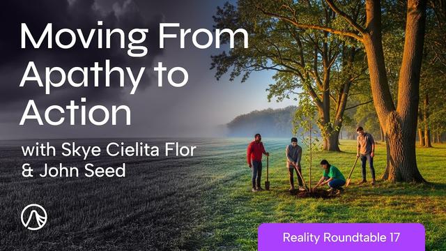 Four people working the land by a tree that belongs to a forest. The title and participants of the episode