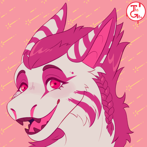 - Drawing Type:
(Repost) Normal Style / Flat Color / Icon

- [ 1 ] Character/s:
* Feral / Female / Dragon

- Background:
Simple (Pink background with yellow lines)

- Description:
Drawing for pink abd white dragon smiling at the viewer