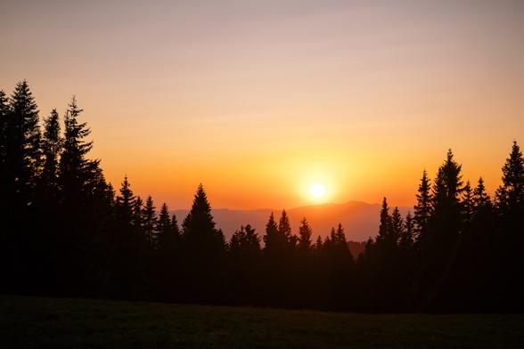 Das Bild zeigt eine wunderschöne Naturlandschaft bei Sonnenuntergang. Die Sonne steht tief am Horizont und taucht den Himmel in warme Farbtöne – von einem intensiven Orange und Gelb in der Nähe der Sonne bis hin zu einem sanften Violett und Blau weiter oben im Himmel.
Im Vordergrund sieht man eine dunkle Silhouette eines Nadelwaldes – wahrscheinlich Fichten oder Tannen. Die Umrisse der Bäume sind klar gegen das Licht des Sonnenuntergangs abgezeichnet. Weiter im Hintergrund erkennt man eine hügelige oder bergige Landschaft, die sich im Dunst des Abends leicht verliert, was dem Bild Tiefe verleiht.
Insgesamt strahlt das Bild eine ruhige, friedliche und fast magische Stimmung aus – typisch für einen Sonnenuntergang in den Bergen oder in einem Waldgebiet.
