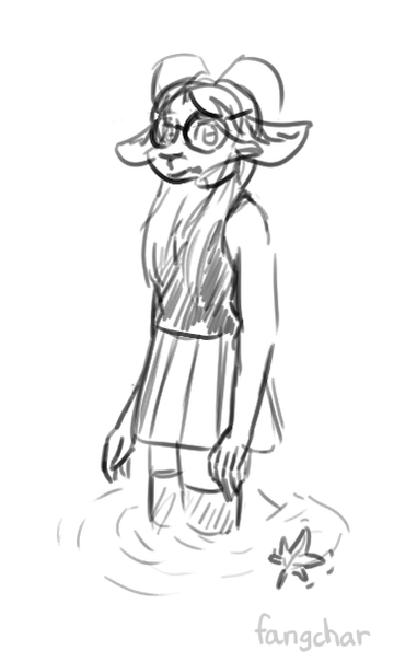 A line art sketch of an anthro goat standing in knee-deep water and turning towards the viewer. She is wearing a dark sleeveless top, a bright skirt, and dark thigh-high socks. She has long, horizontal ears, big horns that curve around the ears, and she wears glasses and a choker. There is a small maple leaf floating on the water.