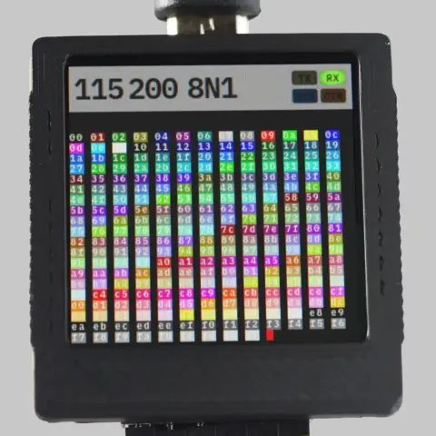A small screen with tiny colourful hexadecimal numbers displayed on it.