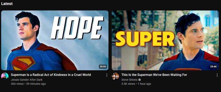 Youtube screenshot, subscriptions list ("Latest") with the two superman-related videos by Jessie Gender and Steve Shives. The thumbnails have superman looking away from each other, with the text being "HOPE" and "SUPER".