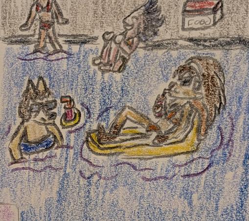 Color pencil drawing of several characters in a swimming pool. From front to back: Lop Norausa, a Lepi woman from Star Wars Visions, relaxes on a floating chair, sipping on a meiloorun juice and wearing shades. Eli Norainu, an anthro dog man, my main OC, floats in an inner tube with a floating drink nearby. Ayame Alba, a Mikkian woman from Star Wars, jumps into the pool. Kagura Hinagiku, a human woman, sits at the side of the pool. A cooler labelled "Food" is on the pool deck.
