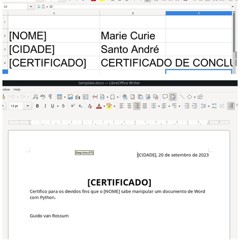 captura de tela mostra na parte de cima uma planilha de Excel e na parte de baixo um documento de Word.