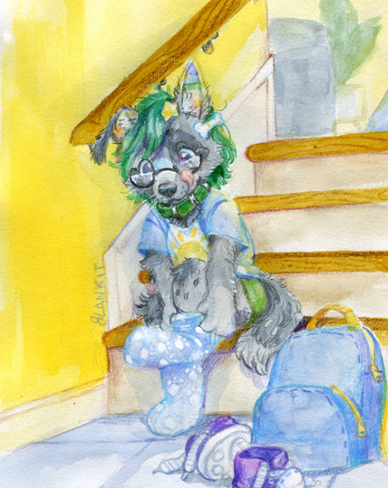 Mixed media artwork of a wolf pup getting socks and shoes on.